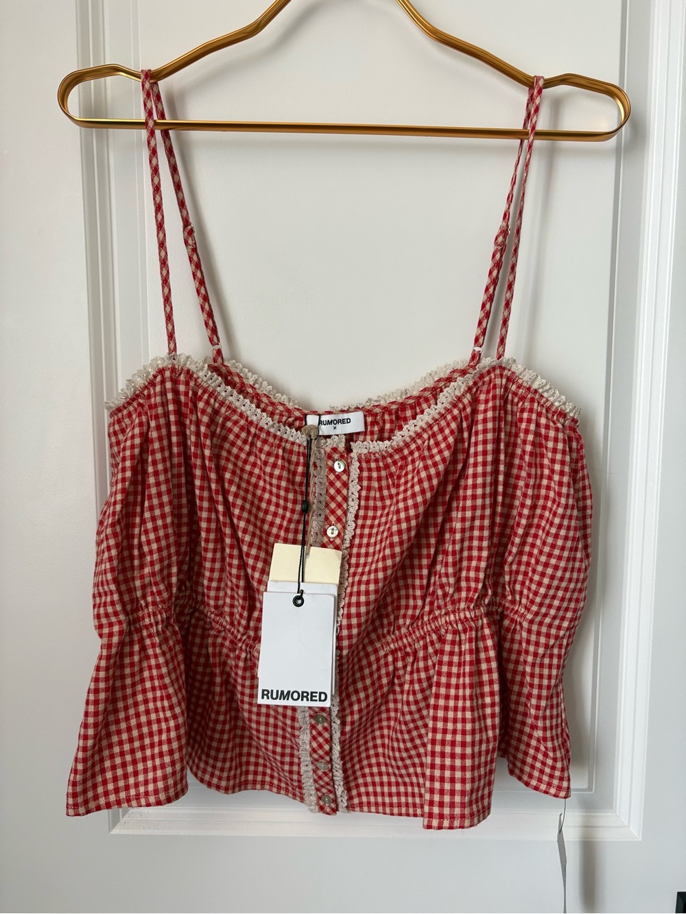 Rumored 100% Cotton Picnic Tank Cherry Gingham with Lace Trim, Medium NWT